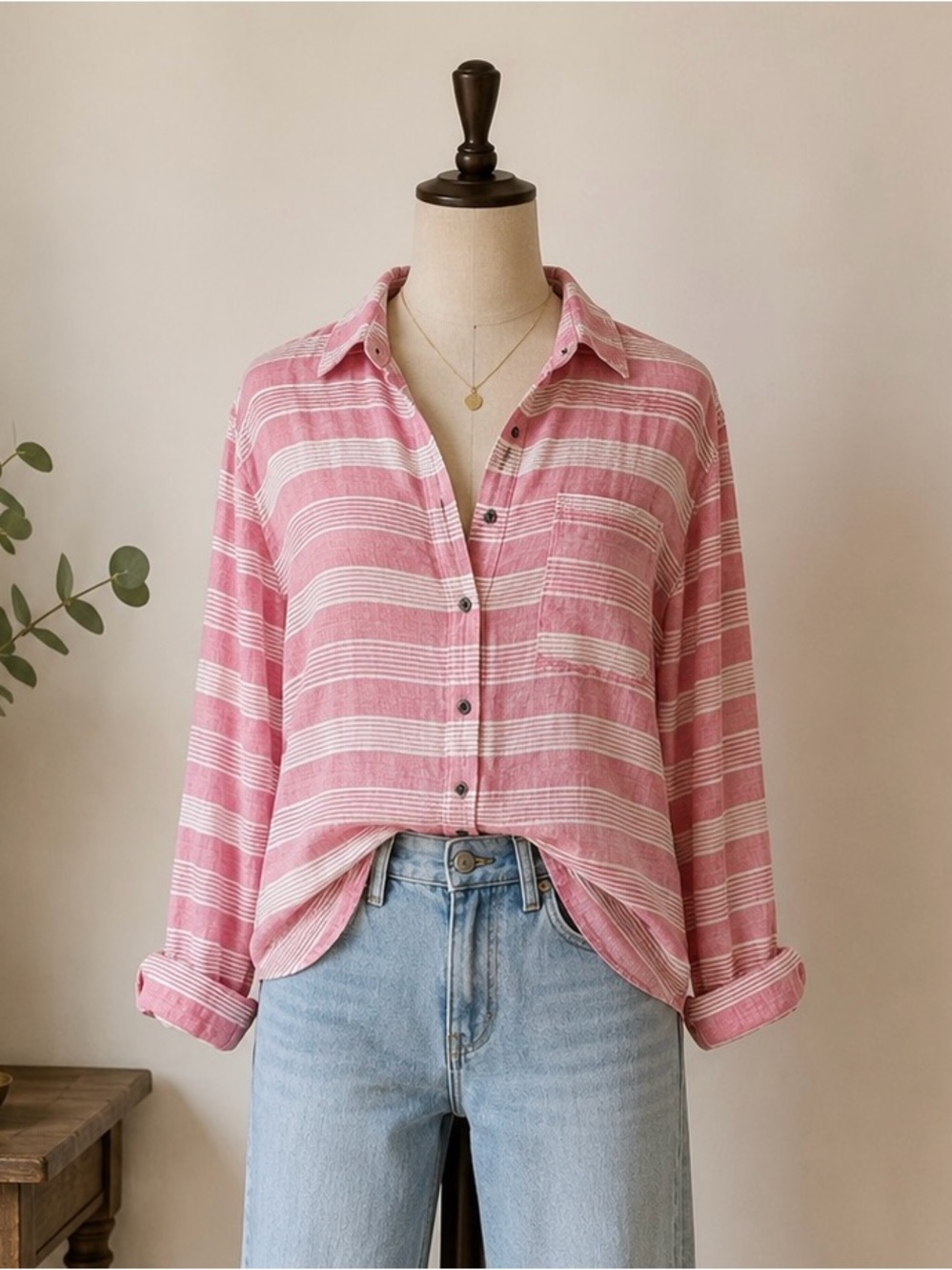 Solitaire by Ravi Khosla Pink White Striped Cotton Button Up Shirt Coastal Beach